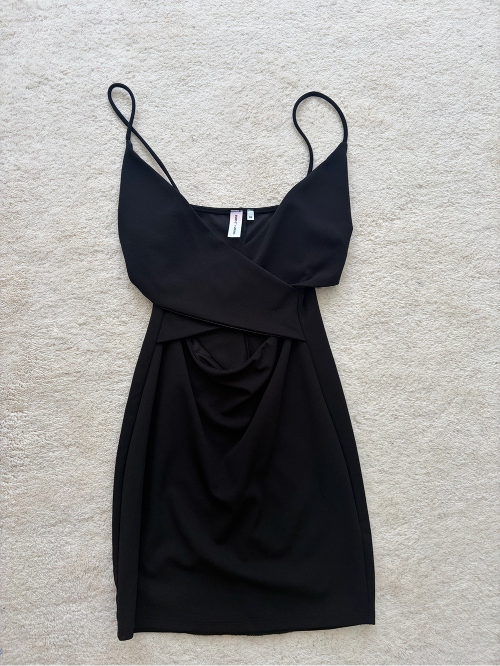 Women's Black Draped Mini Dress with Spaghetti Straps